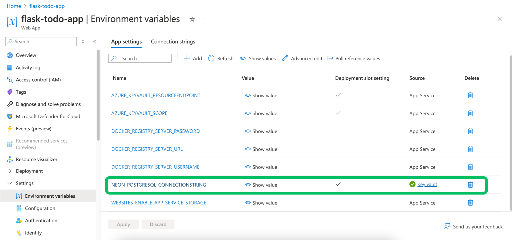Neon environment variables in App Service
