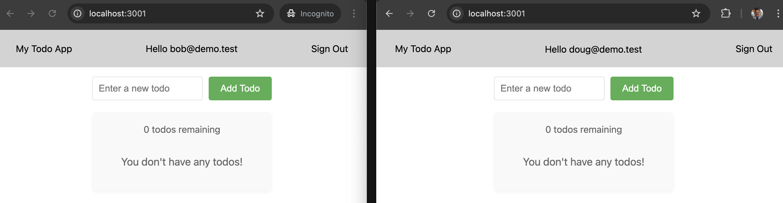 neon demo app with two users signed in 