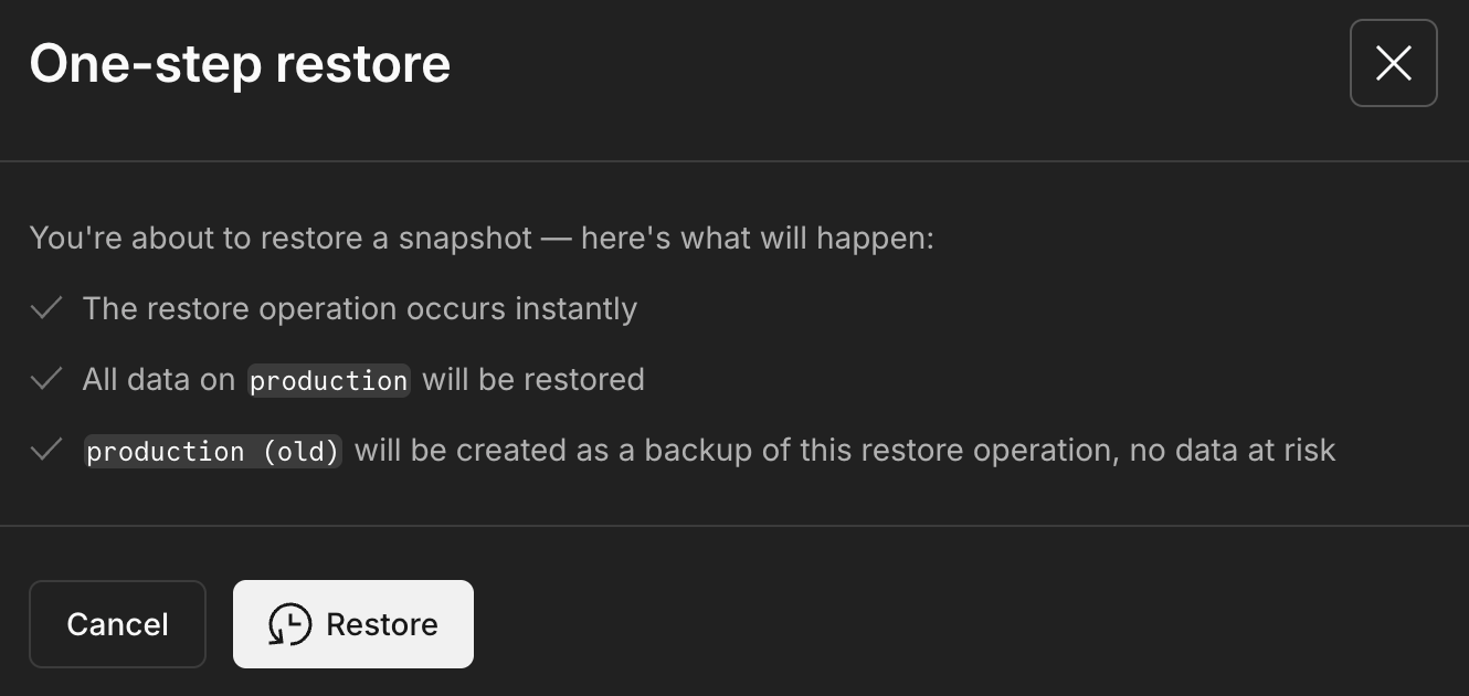 One step restore confirmation modal